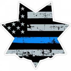 Subdued Distressed US Flag Blue Line 7 Point Badge - Vinyl Sticker