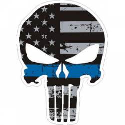 Thin Blue Line Distressed American Flag Punisher Skull - Sticker