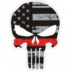 Thin Red Line Distressed American Flag Punisher Skull - Sticker