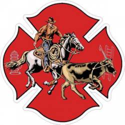 Rodeo Steer Roping Firefighter Maltese Cross - Sticker
