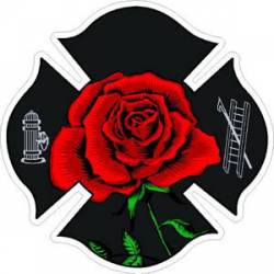 Red Rose & Stem Firefighter Maltese Cross - Sticker