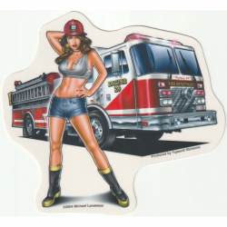 Firefighter Pin Up Girl Fire Engine - Vinyl Sticker