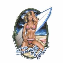 Surfs Up Pin Up Girl Bikini & Surfboard - Vinyl Sticker
