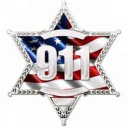 6 Point Sheriff Star Call 911 With Wavy US Flag - Reflective Sticker