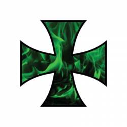 Green Fire & Flames Iron Cross - Reflective Sticker