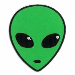 Green Alien Head Black Eyes - Embroidered Iron-On Patch