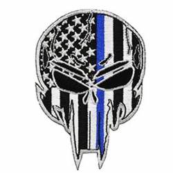 Thin Blue Line Punisher Skull American Flag - Embroidered Iron-On Patch