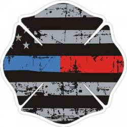 Thin Blue Red Line Maltese Cross Distressed Flag Vinyl Sticker